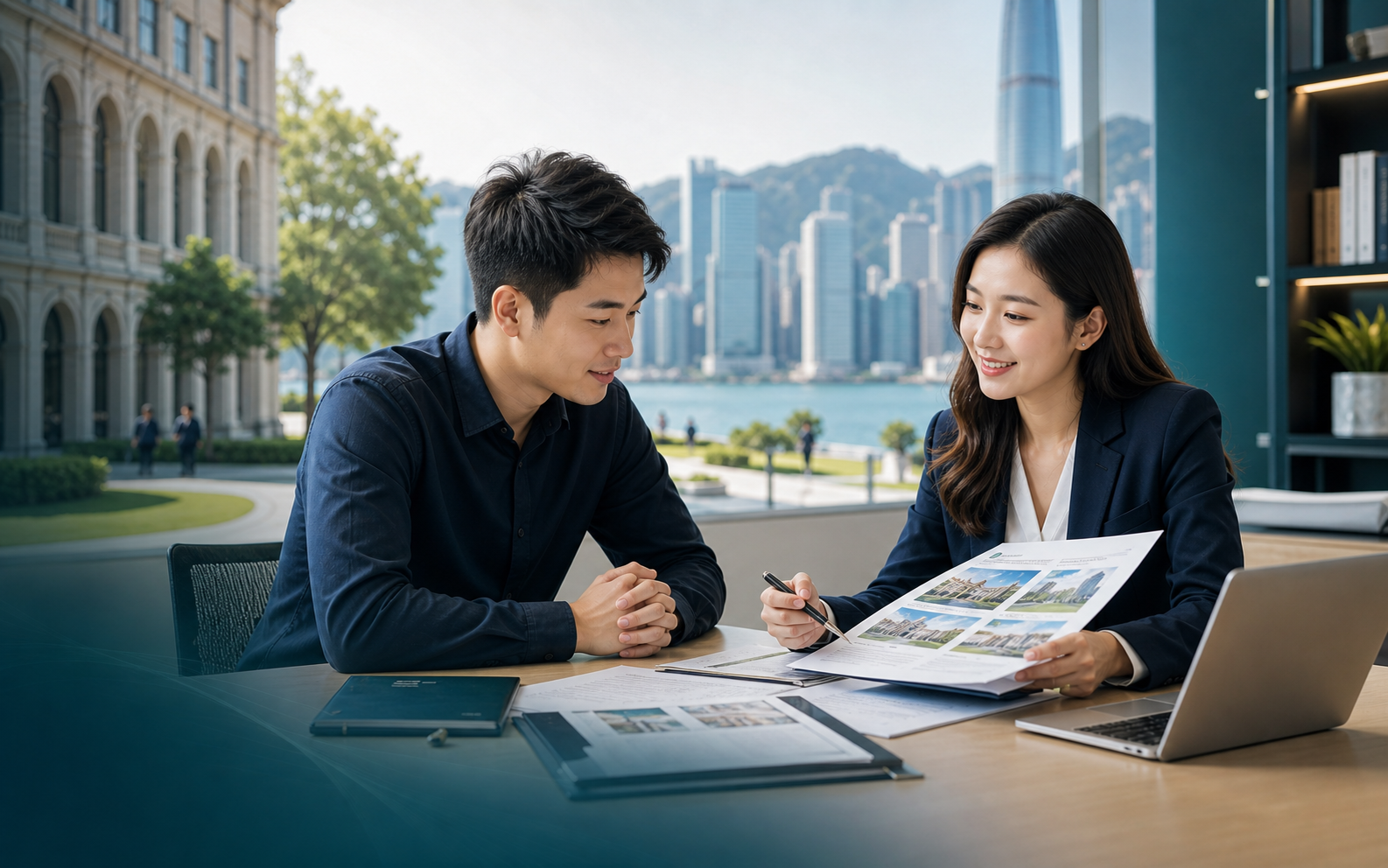港澳高校申请咨询场景，顾问结合港澳校园与城市背景为学生讲解申请规划