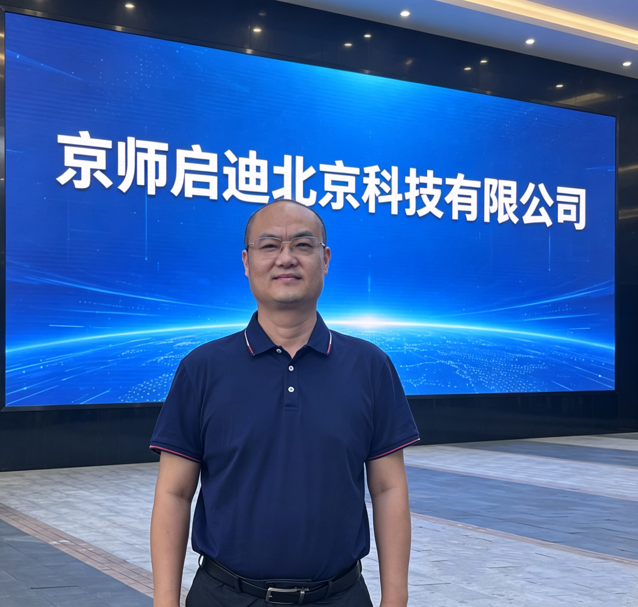 京师启迪创始人张杰在公司展示屏前的照片