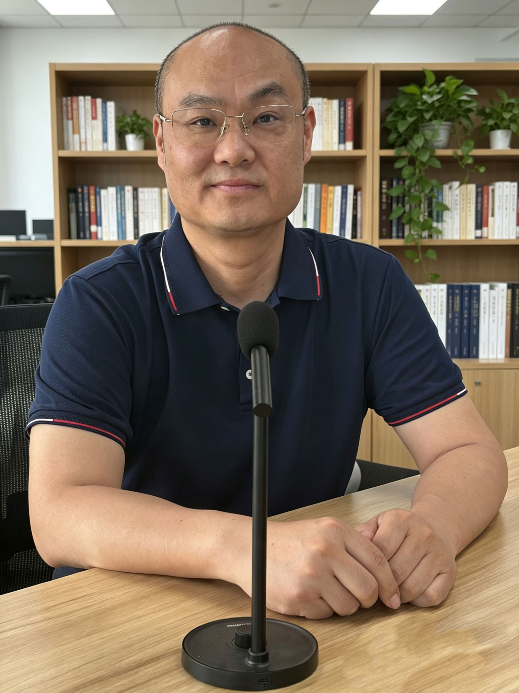 京师启迪创始人张杰在办公书架前的形象照