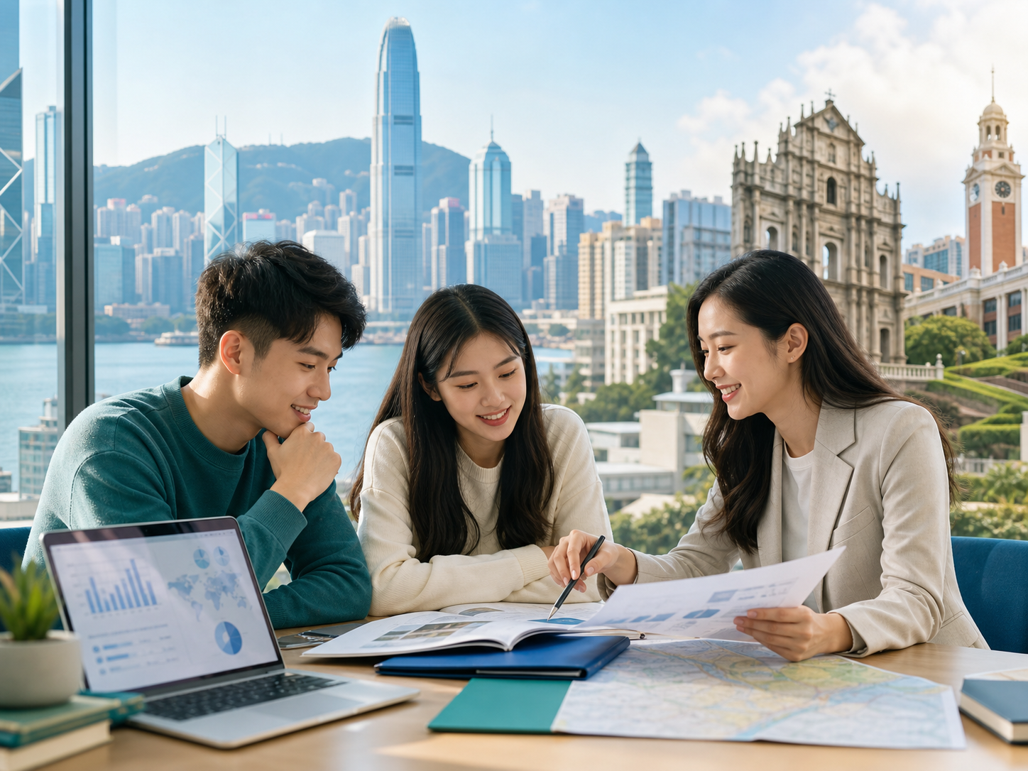 港澳留学申请咨询场景，顾问与学生结合港澳城市和校园背景讨论申请规划