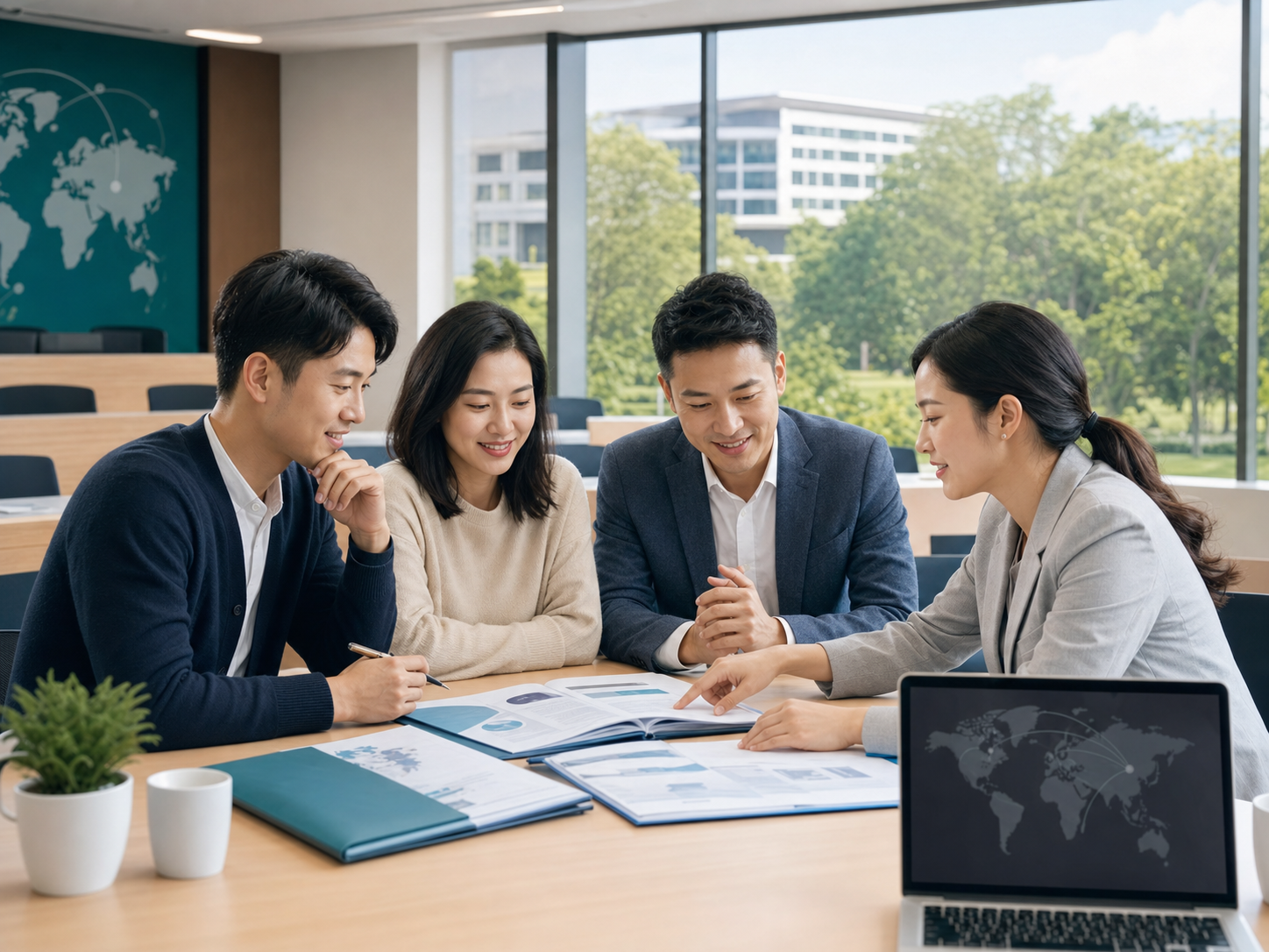 中外合作办学硕士在职申请咨询场景，顾问与职场学员讨论申请材料和学习规划